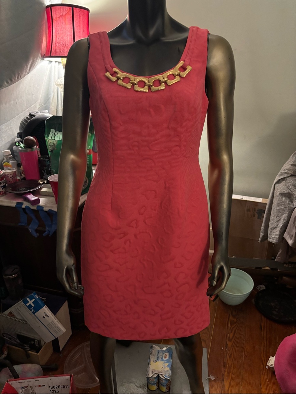 Kay Unger Coral Sheath Dress with Gold Chain Detail